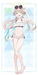  1girl absurdres anklet bag bangs bikini blue_archive blush breasts chikoku closed_eyes eyewear_on_head frilled_bikini frills full_body hifumi_(blue_archive) hifumi_(swimsuit)_(blue_archive) highres holding jewelry light_brown_hair long_hair low_twintails open_mouth peroro_(blue_archive) sandals small_breasts solo stuffed_animal stuffed_toy sunglasses swimsuit twintails white_bikini white_footwear wing_hair_ornament 