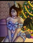  2022 anthro black_wings blue_eyes blue_ribbon brown_hair canid canine canis christmas christmas_clothing christmas_tree clothing detailed_background digital_drawing_(artwork) digital_media_(artwork) female fur grey_body grey_fur hair hi_res holidays mammal multicolored_body multicolored_fur plant reiko4835i ribbons sitting solo tree wings wolf 