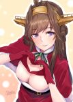  1girl ahoge alakoala breasts brown_hair capelet cleavage double_bun dress from_above fur-trimmed_capelet fur-trimmed_dress fur_trim gloves hair_bun hairband headgear heart heart_hands highres kantai_collection kongou_(kancolle) large_breasts long_hair looking_at_viewer purple_eyes red_capelet red_dress red_gloves sleeveless sleeveless_dress solo 