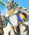 abs anthro ball beach beach_ball bulge bulge_grab canid canine canis gold_(metal) gold_earring gold_jewelry hi_res inflatable jackal jewelry lifewonders male mammal muscular muscular_male nukochi palm_tree pecs plant seaside seth_(tas) solo tokyo_afterschool_summoners tree video_games 