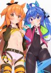  2girls @_@ absurdres ahoge animal_ears ass_visible_through_thighs bangs blue_eyes blue_hair blush bodysuit breasts clothes_lift commentary_request cowboy_shot crossed_bangs dot_nose green_jacket grin heterochromia highres hood hoodie hoodie_lift horse_ears horse_girl horse_tail jacket lifted_by_self long_hair long_sleeves looking_at_viewer mayano_top_gun_(umamusume) multiple_girls navel orange_eyes orange_hair parutoneru pointing pointing_at_another pout purple_eyes sharp_teeth shirt_lift short_shorts shorts simple_background small_breasts smile sweat tail teeth thighhighs twin_turbo_(umamusume) twintails two_side_up umamusume white_background white_shorts 