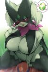  &lt;3 2022 anthro big_breasts black_body black_fur blush breasts egg female fur generation_9_pokemon green_body green_fur hi_res huge_breasts looking_at_viewer meowscarada nintendo open_mouth pink_eyes pokemon pokemon_(species) solo_focus suurin_2 tongue tongue_out video_games 