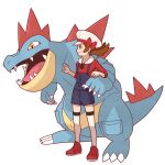  1girl blue_overalls bow brown_eyes brown_hair cabbie_hat closed_mouth feraligatr from_side hat hat_bow jaho long_hair lyra_(pokemon) overalls pokemon pokemon_(creature) pokemon_(game) pokemon_hgss red_bow red_footwear red_shirt shirt shoes smile standing thighhighs twintails white_headwear white_thighhighs 