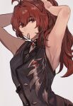  1boy adjusting_hair antenna_hair arched_back armpits arms_up diluc_(genshin_impact) eatsthgood genshin_impact long_hair looking_at_viewer mouth_hold red_eyes red_hair simple_background solo white_background 