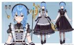  1girl :o bangs black_dress blue_eyes blue_hair braid dress earrings fingerless_gloves full_body gloves grey_apron hair_between_eyes hair_ornament hairclip hat highres holding holding_weapon hololive hoshimachi_suisei jewelry long_hair looking_at_viewer maid_headdress multiple_views official_art pantyhose pink_nails puffy_short_sleeves puffy_sleeves saekiyahiro see-through see-through_sleeves shoes short_sleeves signature simple_background single_braid star_(symbol) star_in_eye symbol_in_eye virtual_youtuber weapon zipper 