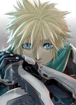  1boy aiz00 armor blonde_hair blue_eyes close-up cloud_strife crisis_core_final_fantasy_vii eyelashes final_fantasy final_fantasy_vii gloves green_scarf hands_up highres holding holding_knife holding_weapon knife looking_at_viewer male_focus parted_lips scarf shinra_infantry_uniform shoulder_armor solo spiked_hair upper_body weapon 