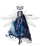  1boy animal_head antennae arthropod_boy arthropod_limbs black_cape blue_butterfly bug butterfly cape cape_hold carapace chinese_commentary claws crossed_legs dated disembodied_head dragonfly_wings extra_arms fate/grand_order fate_(series) full_body fur-trimmed_cape fur_trim halo highres hollow_body insect_wings male_focus monsterification moth oberon_(fate) oberon_(third_ascension)_(fate) simple_background solo tail watson_cross white_background wings yuan64 