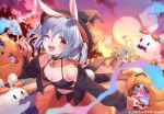  1girl ;d animal_ear_fluff animal_ears bangs black_collar black_jacket blue_hair blush breasts bunny-shaped_pupils candy collar extra_ears food ghost halloween_bucket hat hololive jacket looking_at_viewer multicolored_hair nousagi_(usada_pekora) official_art one_eye_closed open_clothes open_jacket orange_skirt outdoors rabbit_ears red_eyes red_nails saekiyahiro skirt sky small_breasts smile solo streaked_hair symbol-shaped_pupils thick_eyebrows twilight two_side_up usada_pekora virtual_youtuber white_hair witch_hat 