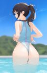  1girl absurdres adjusting_clothes adjusting_swimsuit ass ass_focus bangs bare_shoulders blue_one-piece_swimsuit blue_sky blurry blurry_background blush brown_hair chinese_commentary closed_mouth commentary_request cowboy_shot day expressionless from_behind green_eyes hair_tie hands_up highleg highleg_swimsuit highres light_blush long_hair looking_at_viewer looking_back nai_gai original outdoors partially_submerged ponytail shiny shiny_skin sidelocks sky solo standing swimsuit wading water wet zipper 