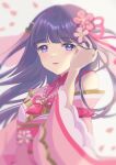  1girl arm_at_side bangs bare_shoulders blunt_bangs blurry blurry_background blush cherry_blossoms commentary depth_of_field detached_sleeves falling_petals floating_hair flower gradient gradient_background grey_background hair_flower hair_ornament hair_ribbon hair_tucking hand_up highres japanese_clothes jewelry kamikawa_celery kimono light_smile long_hair long_sleeves looking_at_viewer necklace obi obijime official_alternate_costume parted_lips pearl_necklace petals pink_flower pink_kimono purple_eyes purple_hair red_ribbon ribbon sash shoujo_kageki_revue_starlight shoujo_kageki_revue_starlight_-re_live- sleeveless sleeveless_kimono solo tassel tsuyuzaki_mahiru upper_body wide_sleeves 