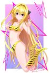  absurdres ass bangs bare_arms bare_shoulders belly blonde_hair blush bra collarbone cosplay dot_nose double_v eyebrows_hidden_by_hair framed full_body gradient gradient_background hair_between_eyes hair_intakes hands_up highres konjiki_no_yami lightning_bolt_symbol long_hair lum lum_(cosplay) navel nude raised_eyebrows red_eyes shadow sidelocks signature simple_background smile socks thighs tiger_panties tiger_stripes to_love-ru two_side_up underwear v very_long_hair yellow_bra yellow_socks yuyayomi 