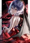  1girl absurdres alternate_costume back bangs bat_wings blurry blurry_background closed_mouth dress hair_ribbon highres indoors looking_at_viewer purple_hair red_dress red_eyes red_ribbon remilia_scarlet ribbon short_hair smile solo touhou window wings yukia_(yukia_777) 