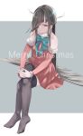  001machi 1girl absurdres alternate_costume bare_shoulders black_hair black_thighhighs christmas crossed_legs detached_sleeves full_body hair_over_one_eye hair_ribbon hayashimo_(kancolle) highres kantai_collection long_hair merry_christmas parted_lips purple_eyes ribbon santa_costume solo thighhighs white_ribbon 