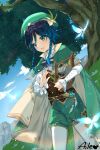 1boy :d aile_(crossroads) animal beret blue_eyes blue_hair blue_sky braid bug butterfly cape center_frills cloud commentary_request day frills genshin_impact green_cape green_headwear green_shorts harp hat highres holding holding_instrument instrument legwear_under_shorts long_hair male_focus outdoors pantyhose puffy_shorts shirt short_shorts shorts signature sky smile solo standing tree twin_braids venti_(genshin_impact) white_pantyhose white_shirt 