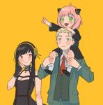  1boy 2girls ahoge anya_(spy_x_family) bangs black_dress black_hair black_sleeves blonde_hair blue_eyes blush breasts carrying cleavage collared_shirt dou_(mame_eee) dress female_child flower formal gold_hairband green_eyes green_suit hair_flower hair_ornament hairband hairpods hand_on_another&#039;s_head hand_to_own_mouth highres long_hair medium_breasts multiple_girls necktie open_mouth piggyback pink_hair red_eyes red_necktie shirt sidelocks smile spy_x_family suit twilight_(spy_x_family) upper_body waistcoat white_shirt yellow_background yor_briar 