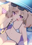  2girls bikini eyewear_on_head fang hiro_hiroki light_brown_hair multiple_girls parasol purple_eyes side-tie_bikini_bottom skin_fang slow_loop sunglasses sweat swimsuit twintails umbrella yoshinaga_koi 