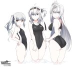  3girls anchor_symbol ass bare_arms bare_legs bare_shoulders black_headband black_one-piece_swimsuit blue_eyes breasts brown_eyes closed_mouth clothes_writing competition_swimsuit cowboy_shot flat_chest fuyutsuki_(kancolle) grey_eyes grey_hair groin hachimaki hair_between_eyes headband kantai_collection kasumi_(kancolle) long_hair medium_breasts multiple_girls one-piece_swimsuit one_side_up open_mouth shigino_sohuzi side_ponytail simple_background smile suzutsuki_(kancolle) swimsuit white_background white_hair white_headband 