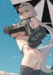  1girl ass bangs bare_shoulders bikini black_bikini black_jacket black_thighhighs black_vest breasts cleavage cropped_vest fate/grand_order fate_(series) grey_hair hareno_chiame jacket jeanne_d&#039;arc_alter_(avenger)_(fate) jeanne_d&#039;arc_alter_(fate) large_breasts long_hair long_sleeves looking_at_viewer o-ring off_shoulder open_clothes open_jacket open_mouth solo swimsuit thighhighs thighs umbrella very_long_hair vest visor_cap yellow_eyes 