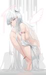  1girl bangs barefoot blunt_bangs breasts closed_mouth commentary_request dress full_body genek halo legs long_hair looking_at_viewer medium_breasts original red_eyes solo squatting thighs toes very_long_hair white_background white_dress white_hair wings 