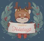  ailurid anthro antler_headband bell blue_background blush bow_(disambiguation) brown_body brown_fur brown_hair christmas eyes_closed fur hair hi_res holding_object holding_sign holidays jingle_bell male mammal max_(skidoo) red_panda sign simple_background skidoo smile solo white_body white_fur wreath 