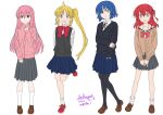  4girls :d black_pantyhose black_ribbon black_skirt black_sweater blonde_hair blue_eyes blue_skirt bocchi_the_rock! bow brown_cardigan brown_footwear cardigan collared_shirt commentary_request dated derivative_work gotou_hitori ijichi_nijika jacket kita_ikuyo loafers long_hair multiple_girls neck_ribbon one_side_up pantyhose pink_hair pink_jacket pleated_skirt red_bow red_footwear red_hair ribbon sailor_collar sakayaya school_uniform serafuku shirt shoes side_ponytail signature simple_background skirt smile socks standing standing_on_one_leg sweater sweater_vest track_jacket very_long_hair white_background white_sailor_collar white_shirt white_socks yamada_ryou 