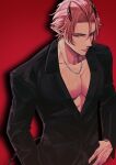  1boy arknights bangs bishounen black_suit character_request feet_out_of_frame formal from_above hair_between_eyes highres horns kharu11 no_shirt parted_bangs pectoral_cleavage pectorals pink_hair pointy_ears solo suit veins veiny_hands 