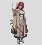 1girl assault_rifle backpack bag boots breasts cleavage coat dress fur_trim greatcoat gun headset highres holding holding_weapon hood long_sleeves orange_eyes original red_hair rifle solo suppressor tac239 weapon 