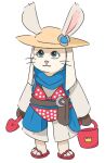  ambiguous_gender anthro bikini bucket clothing container footwear hat headgear headwear lagomorph leporid long_ears loporrit mammal rabbit robe sandals shovel smile solo swimwear tools unknown_artist whiskers 