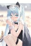  1girl :o animal_ear_fluff animal_ears bangs black_bow black_bowtie black_jacket black_leotard black_thighhighs blue_eyes blue_hair blue_nails blurry blurry_background blush bow bowtie breasts breathing_on_hands cat_ears collar commentary_request depth_of_field detached_collar fang feet_out_of_frame fishnet_thighhighs fishnets fur-trimmed_jacket fur_trim hair_between_eyes jacket jacket_on_shoulders knees_up leotard long_hair looking_at_viewer nail_polish original parted_lips saeki_sora small_breasts solo squatting strapless strapless_leotard thighhighs twintails very_long_hair white_collar wing_collar wrist_cuffs 