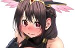  1girl bangs bare_shoulders blush brown_hair gauntlets grey_background hair_ornament highres izawa_(bhive003) kono_subarashii_sekai_ni_shukufuku_wo! looking_at_viewer lower_teeth_only medium_hair red_eyes shiny shiny_hair simple_background solo tearing_up teeth yunyun_(konosuba) 