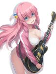  1girl bangs blue_eyes blush bocchi_the_rock! bra breasts cleavage collarbone cube_hair_ornament electric_guitar gotou_hitori guitar hair_ornament highres holding holding_instrument instrument jacket large_breasts long_hair long_sleeves looking_at_viewer open_mouth pink_jacket shaded_face simple_background solo speech_bubble thighs tonee track_jacket underwear white_background white_bra 