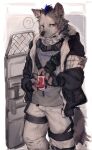  2022 anthro arknights bandolier black_hair black_nose blue_hair bottomwear clothing ear_piercing eyebrow_piercing facial_piercing fingerless_gloves fur gloves grey_body grey_clothing grey_fur grey_shirt grey_topwear hair handwear hi_res holding_jar holding_object hyena hypergryph jacket looking_at_viewer male mammal multicolored_hair pants piercing shield shirt solo spot_(arknights) spotted_hyena studio_montagne topwear two_tone_hair video_games white_bottomwear white_clothing white_pants yuqiqiya54831 