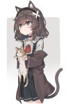  1girl absurdres animal animal_ears black_skirt black_vest brown_hair brown_jacket cat cat_ears cat_girl cat_tail frown grey_background grey_eyes hairband highres holding holding_animal holding_cat jacket kurioshi_fio long_sleeves off_shoulder open_clothes open_jacket original satou_(3366_s) shirt short_hair simple_background skirt tail two-tone_background vest white_background white_shirt 