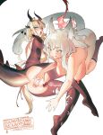  2girls animal_ear_fluff animal_ears anus arknights backless_outfit blonde_hair bodystocking breasts breasts_out cat_ears cat_girl cat_tail crotchless dragon_horns dragon_tail flame-tipped_tail green_eyes green_hair grey_socks hand_on_another&#039;s_ass hanging_breasts harmonie_(arknights) highres horns kneeling large_breasts long_hair lying multiple_girls nude on_side pussy pussy_juice reed_(arknights) socks stine_r tail tail_ornament tail_ring tongue tongue_out white_background yuri 