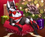 anthro big_breasts breasts christmas christmas_tree feathers female hi_res holidays mallow_(bean8080) plant rexouium ribbons slimorinkaowo solo tree 