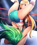  2girls ass blonde_hair boots fighting green_hair kochiya_sanae legs_over_head leotard lights long_hair multiple_girls niwatori_(eck16614) piledriver_(wrestling) rope stage_lights submission_hold touhou touhou_tag_dream upside-down wrestler wrestling wrestling_outfit wrestling_ring 