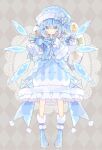  1girl argyle argyle_background blue_capelet blue_eyes blue_footwear blue_hair blue_headwear blue_mittens blue_santa_costume blush boots capelet cirno closed_mouth detached_wings fairy full_body hair_between_eyes hat highres holding holding_sack ice ice_wings mittens nikorashi-ka pom_pom_(clothes) sack santa_costume santa_hat short_hair smile solo touhou wings 