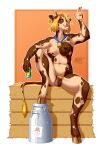  2022 accessory ambiguous_fluids anthro areola balls beverage beverage_can big_breasts biped blonde_hair blonde_pubes blue_eyes bovid bovine breasts brown_areola brown_balls brown_body brown_fur brown_hooves brown_nipples casual_nudity cattle container cowbell curvy_figure detailed_background digital_media_(artwork) ear_tag farm_girl flaccid flower flower_in_hair freckles fur genitals gesture glans gynomorph hair hair_accessory haybale heart_spots hi_res holding_object hooves horn humanoid_genitalia humanoid_penis intersex knee_pulled_up looking_at_viewer m_artifex mammal medium_hair milk milk_can milk_container mismatched_nipples mottled mottled_genitalia mottled_penis multicolored_body multicolored_fur navel nipples nude open_mouth penis pink_glans pink_nipples pink_nose plant pubes raised_arm short_horn signature sitting slightly_chubby small_horn smile smiling_at_viewer soda solo sparkles spilled_milk spots spotted_body spread_legs spreading tail_tuft tan_body tan_fur tan_horn tan_horns trans_(lore) trans_woman_(lore) tuft v_sign voluptuous 