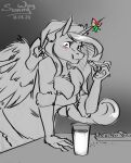  anthro blush christmas christmas_clothing christmas_headwear clothing cookie costume cute_expression digital_drawing_(artwork) digital_media_(artwork) eating equid equine female food friendship_is_magic hasbro hat headgear headwear hi_res holidays horn horse hybrid mammal milk mistletoe my_little_pony patreon plant pony princess_cadance_(mlp) reward santa_costume santa_hat solo sunny_way text url wings 