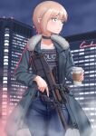  1girl absurdres blonde_hair blue_pants body_armor bullpup coffee_cup cup denim disposable_cup english_text expressionless fur-trimmed_jacket fur_trim green_eyes green_jacket gun highres holding holding_cup holding_weapon jacket jeans original p90 pants police police_uniform policewoman short_hair solo submachine_gun suppressor uniform waruzamurai weapon 