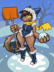  2022 anthro aygee breasts brown_body brown_fur brown_hair canid canine canis clothing digital_media_(artwork) female footwear fur hair holding_object holding_snow looking_at_viewer mammal mirig_(aygee) one_eye_closed outside pink_nose scarf shoes smile snow snowing solo standing wide_hips wolf yellow_scarf 
