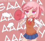  1girl artist_name bangs blue_skirt blush breasts brown_sweater_vest character_name chibi commentary cowboy_shot dated doki_doki_literature_club dress_shirt english_commentary english_text fang hair_ornament hair_ribbon hand_on_hip highres holding holding_megaphone jitome megaphone minzzway natsuki_(doki_doki_literature_club) neck_ribbon open_mouth parody pink_eyes pink_hair pleated_skirt red_ribbon ribbon school_uniform shirt short_hair shouting skirt slit_pupils small_breasts solo style_parody sweater_vest swept_bangs terada_tera_(style) two_side_up upturned_eyes v-shaped_eyebrows white_shirt x_hair_ornament 