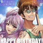  1boy 1girl 2022 :d black-framed_eyewear brown_hair collarbone copyright_name dated fang green_tank_top grey_hair grin happy_birthday highres kutsuno long_hair looking_at_viewer macross macross_7 macross_delta mikumo_guynemer multicolored_hair nekki_basara one_side_up portrait purple_hair red_eyes round_eyewear shiny shiny_hair short_hair smile sunglasses tank_top yellow_eyes 