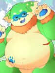  2022 4_fingers anthro belly big_belly brown_body canid canine fingers green_body hi_res humanoid_hands kemono mammal navel pento_(kamiyu) solo trail_arnak 