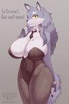  absurd_res anthro big_breasts blush breasts canid canine canis cervina clothed clothing female fur hi_res mammal rainven simple_background solo wolf 