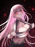  1girl bangs blush breasts cleavage flashing glowing glowing_eyes highres hololive hololive_english large_breasts long_hair looking_at_viewer mori_calliope navel pink_eyes pink_hair shirt smile solo torn_clothes virtual_youtuber zedd_(zedgawr) 