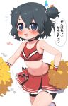  1girl alternate_costume bare_shoulders bike_shorts_under_skirt black_choker black_hair blue_eyes blush cheerleader choker commentary_request crop_top flying_sweatdrops heart highres kaban_(kemono_friends) kemono_friends looking_at_viewer midriff navel open_mouth pleated_skirt pom_pom_(cheerleading) ransusan red_shirt red_skirt shirt short_hair side_ponytail skirt sleeveless smile solo 