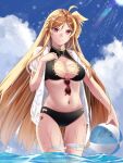  1girl ahoge ass_visible_through_thighs ball bangs beachball bikini black_bikini blonde_hair blue_sky breasts cleavage closed_mouth cloud cowboy_shot dress_shirt eyewear_removed fate_testarossa floating_hair hair_between_eyes highres large_breasts long_hair looking_at_viewer lyrical_nanoha mahou_shoujo_lyrical_nanoha_strikers navel open_clothes open_shirt red-framed_eyewear red_eyes see-through see-through_shirt shiny shiny_hair shirt short_sleeves sky smile solo sougetsu_izuki standing summer sunglasses sunlight swimsuit thigh_gap very_long_hair wading wet wet_clothes wet_shirt white_shirt 