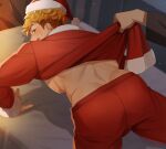  2boys ass bara bare_pectorals bed blonde_hair granblue_fantasy green_eyes hat jacket large_pectorals lifted_by_another male_focus multiple_boys muscular muscular_male on_bed open_clothes open_jacket open_mouth pants pectorals red_jacket red_pants santa_costume santa_hat satoimo_sanda short_hair smile solo_focus undercut vane_(granblue_fantasy) yaoi 