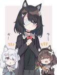  3girls ^_^ animal_ears bandage_over_one_eye black_cardigan black_choker black_hair black_vest blue_eyes brown_hair brown_jacket cardigan cat_ears cat_girl celebration choker clapping closed_eyes commentary flat_chest hands_on_own_chest highres hospital_gown jacket kurioshi_fio kuroha_eve long_sleeves medium_hair multiple_girls off_shoulder open_cardigan open_clothes open_jacket original party_popper purple_eyes satou_(3366_s) shirt short_hair vest white_hair white_shirt wing_collar 